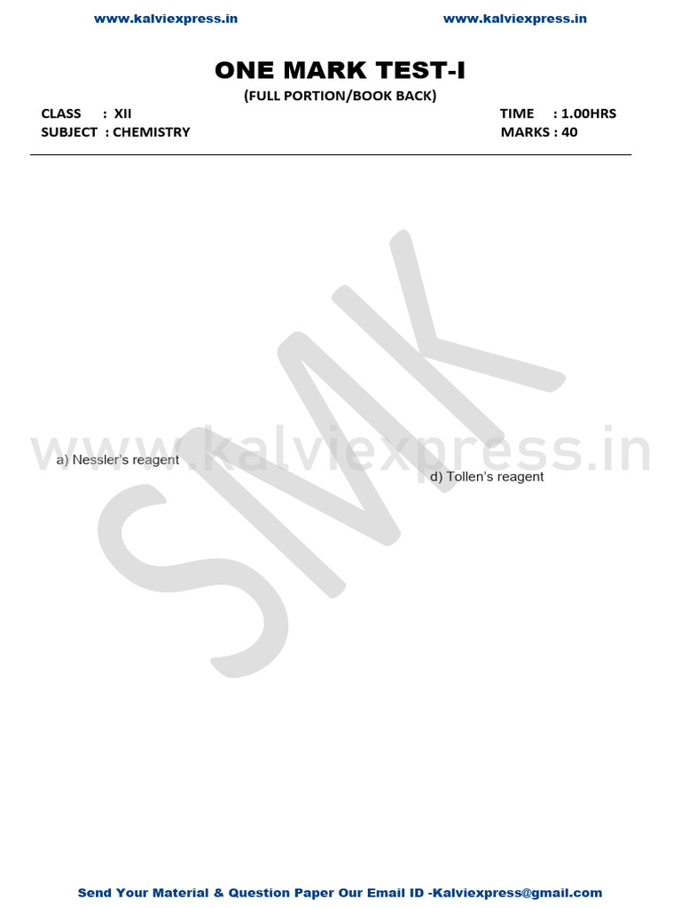 12th Chemistry One Mark Test Question Paper - 1 English Medium | PDF ...
