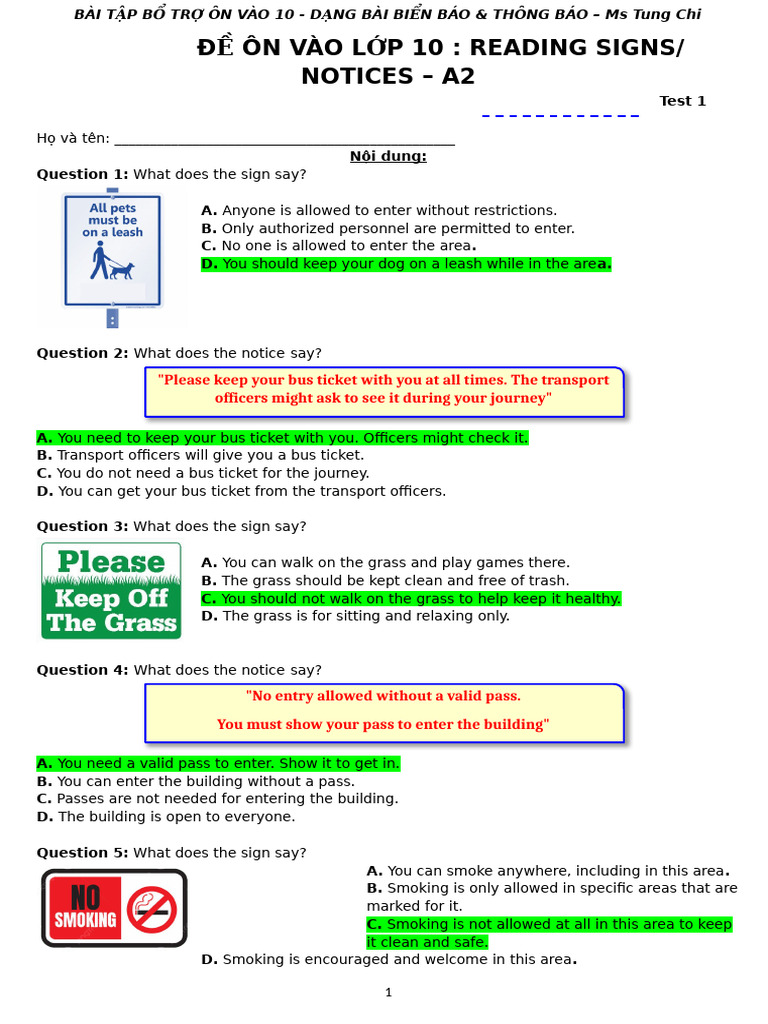 Reading Signs and Notices Practice Test | PDF | Workweek And Weekend