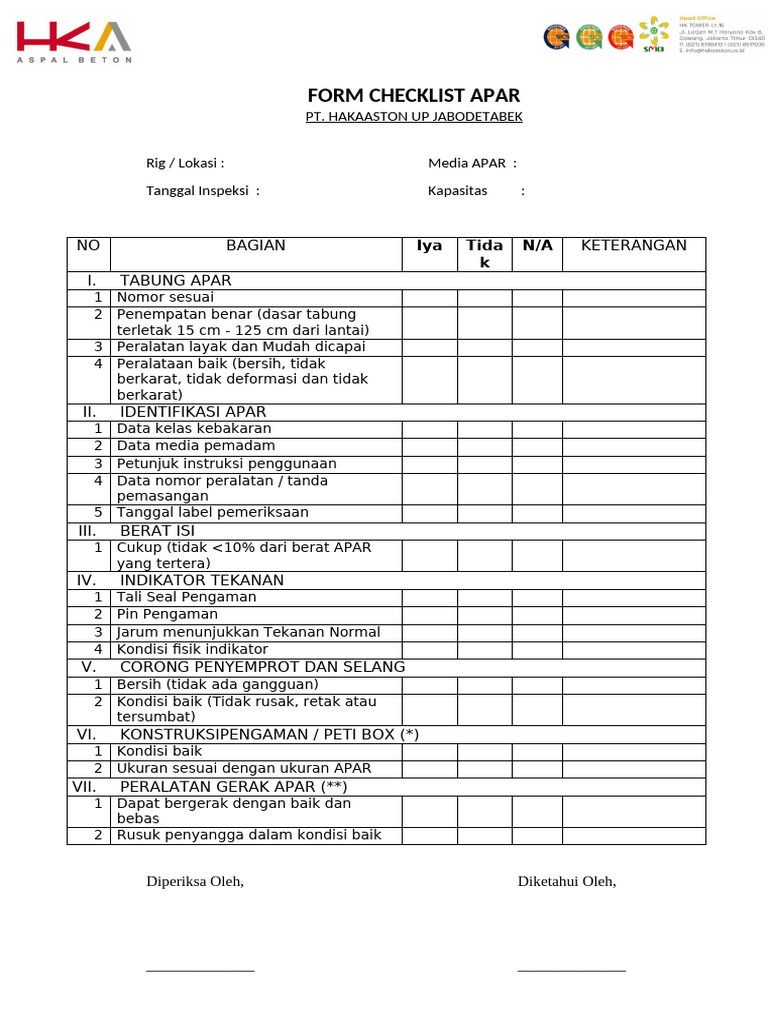 Checklist Inspeksi APAR PT Hakaston | PDF