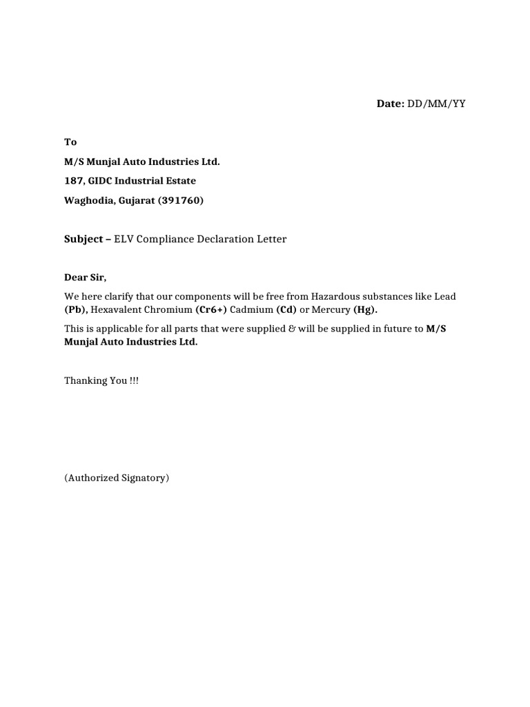ELV Declaration Letter | PDF