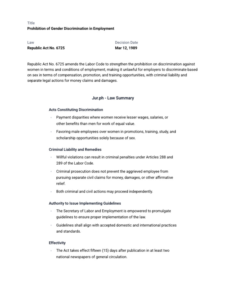 Gender Discrimination Employment Law Summary | PDF
