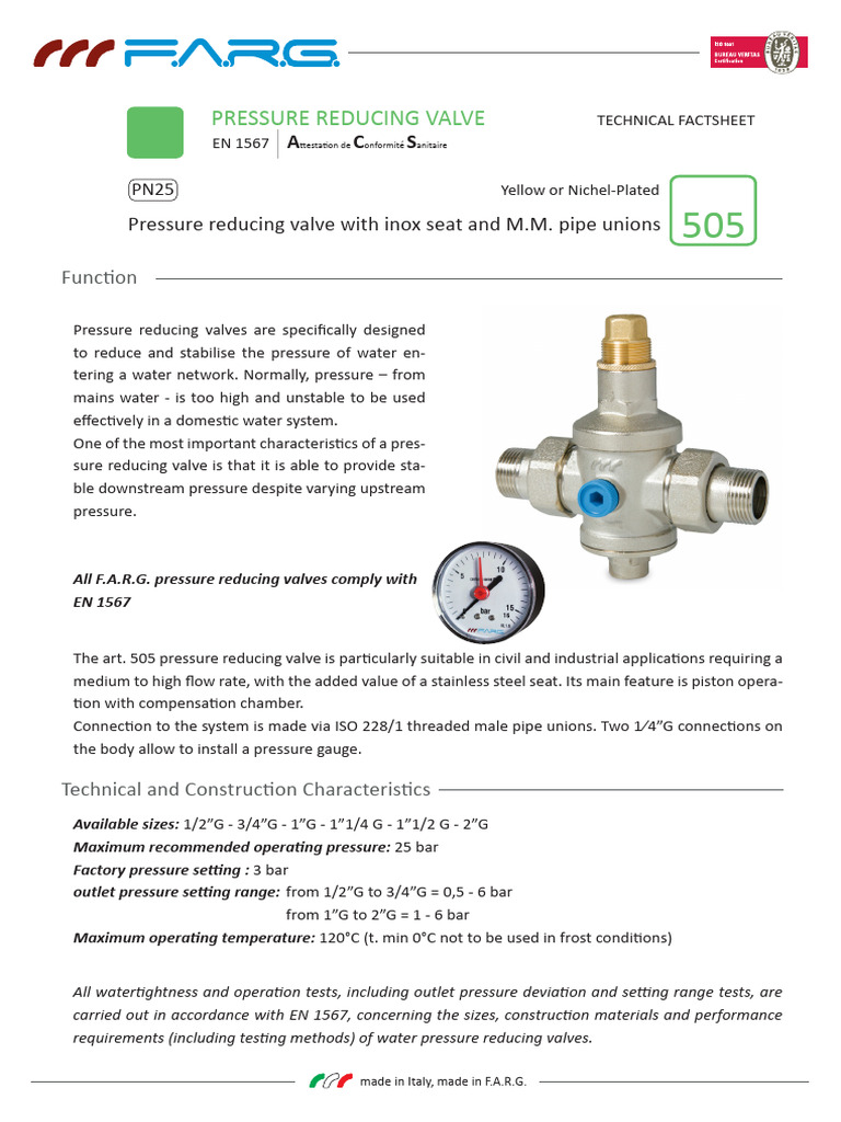 F.A.R.G. Pressure Reducing Valve 505 | PDF | Valve | Pipe (Fluid ...