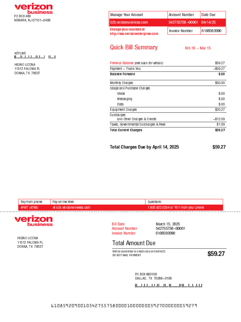 Verizon Wireless Invoice Summary | PDF | Credit Card | Fee