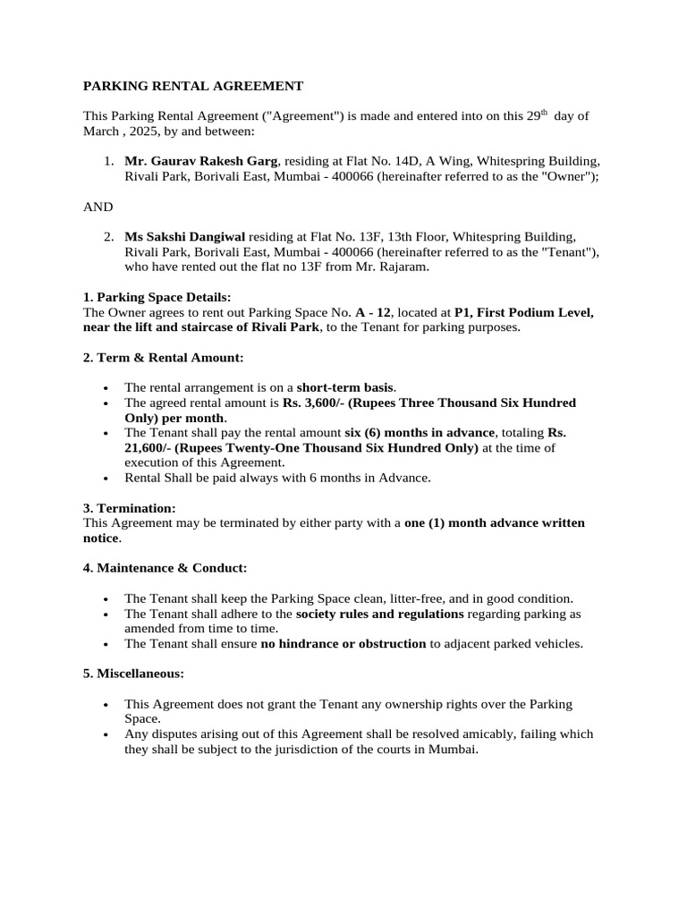 Parking Rental Agreement | PDF