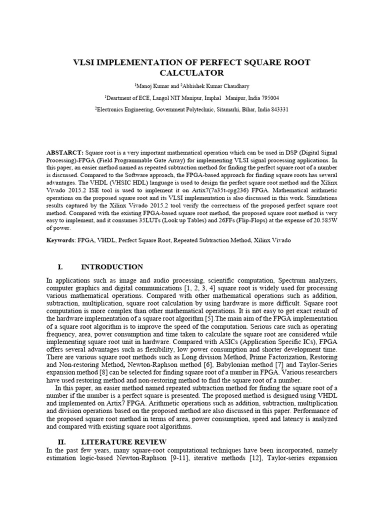 VLSI Square Root Calculator Using FPGA | PDF | Field Programmable Gate ...