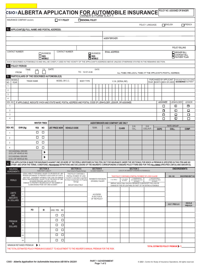 Alberta Automobile Insurance Application | PDF | Insurance | Deductible