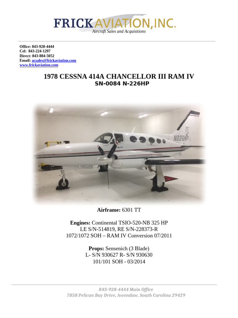 Cessna 414A SN84 N226HP Specs2 | PDF | Vehicles | Aviation