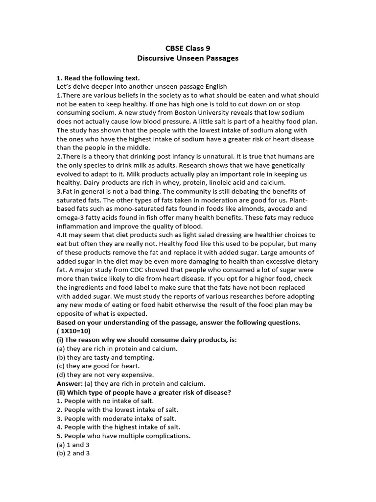 Cbse Class 9 English Unseen Passages With Answers 1 | PDF | Fat ...