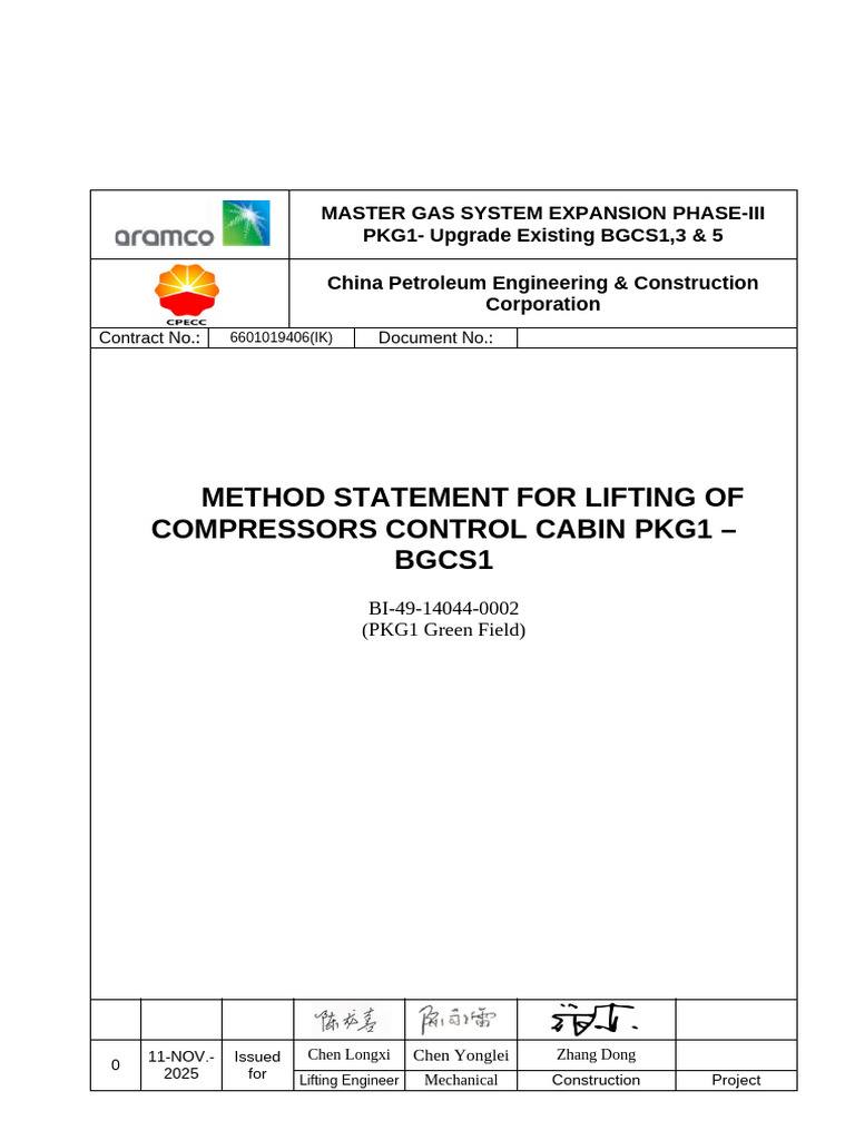 Method Statement for Lifting of Compressors Control Cabin PKG1 – BGCS1 ...