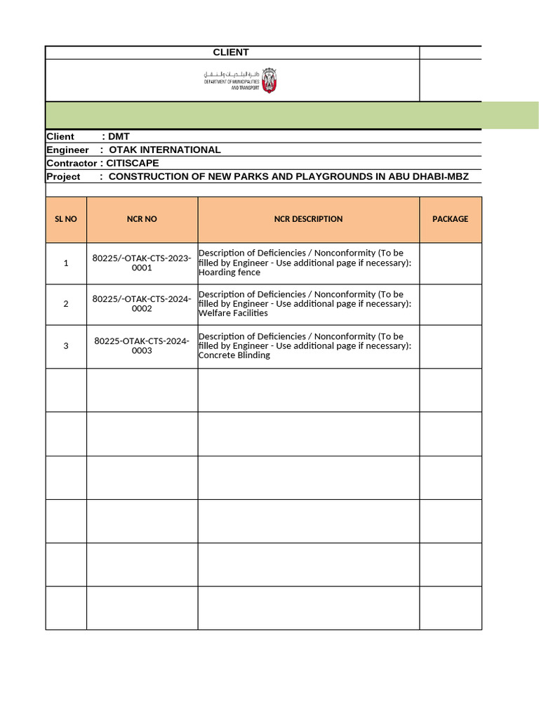 Non-Conformance Report for Abu Dhabi Parks | PDF