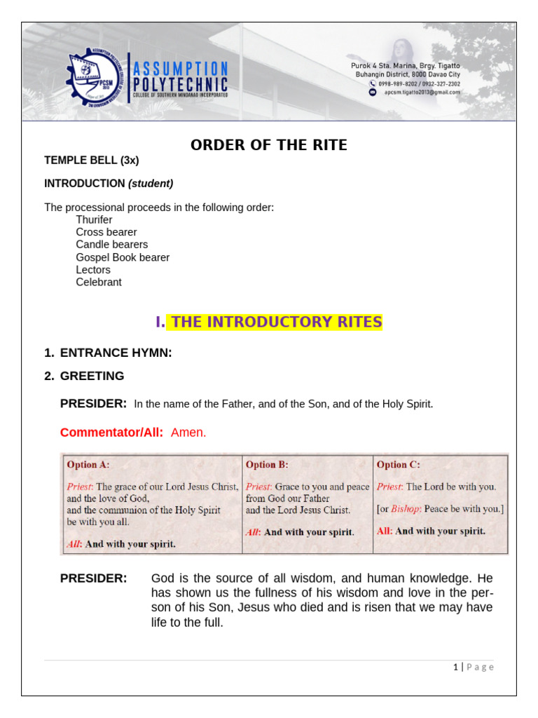 Order of the Rite for Catholic Mass | PDF | Mass (Liturgy) | Lord's Prayer