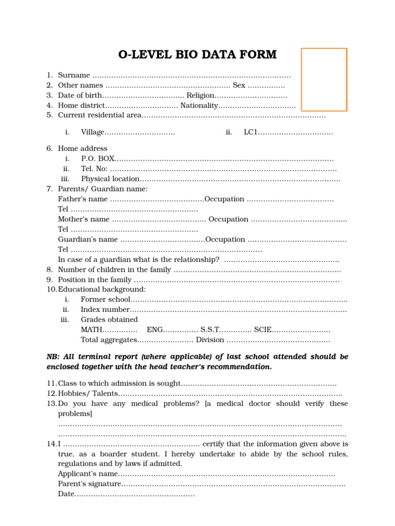 O-Level Bio Data Form Template | PDF