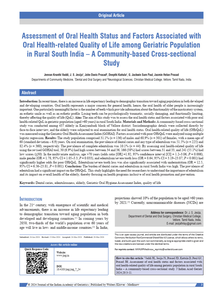 Oral Health in Rural Indian Seniors | PDF | Human Tooth | Dentistry