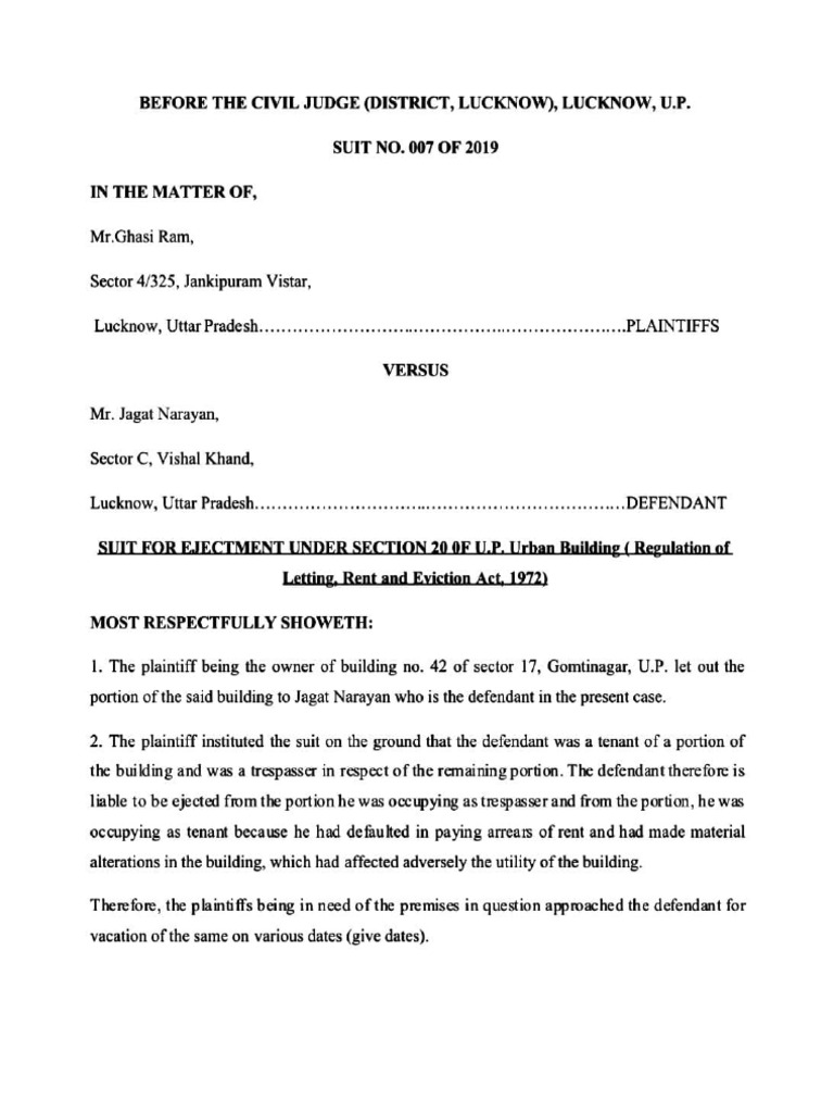 Ejectment Suit Against Tenant in Lucknow | PDF | Public Law | Natural ...