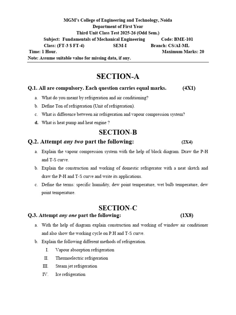 2025-26 Odd Sem Third Unit Class Test Paper Bme-201 | PDF