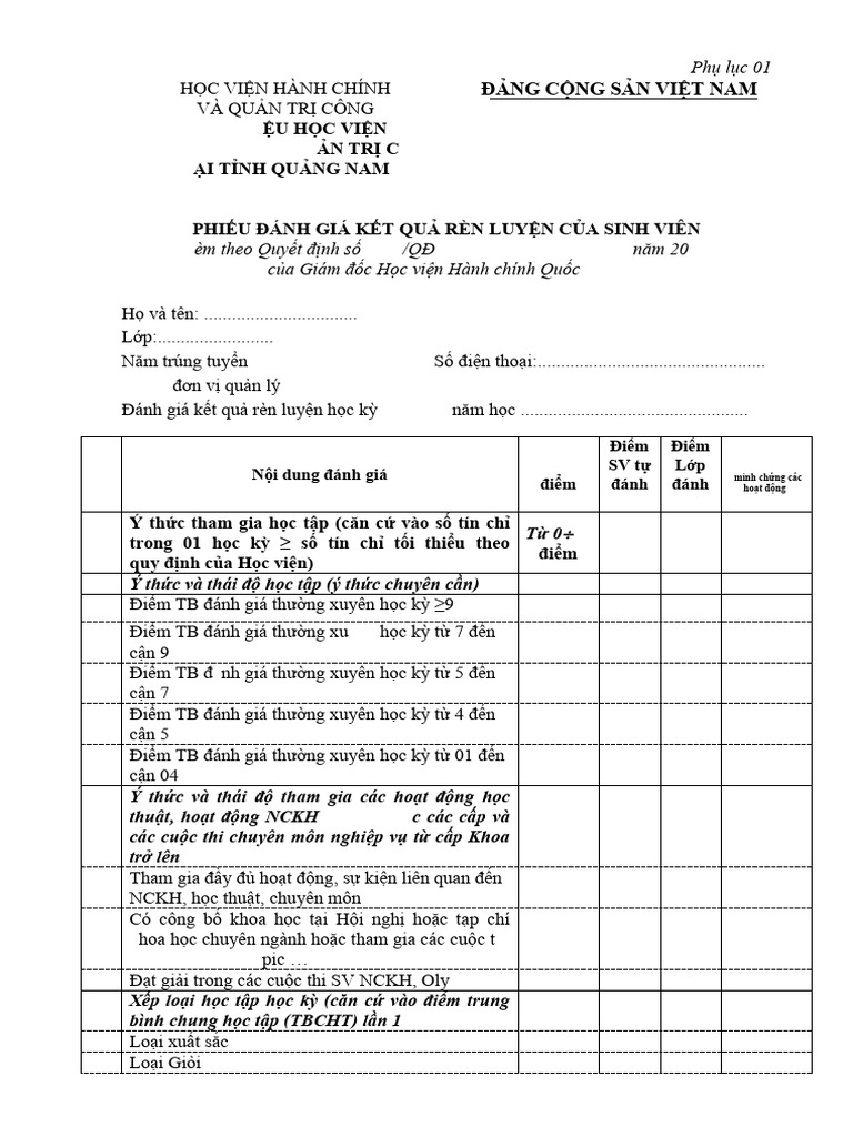 Phu Luc So 01 - Phieu Danh Gia Danh Cho Sinh Vien | PDF