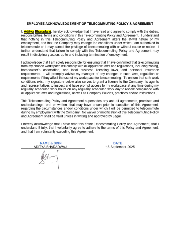 Telecommuting Policy Acknowledgment Form | PDF