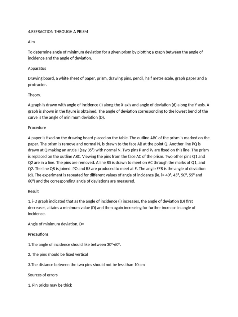 Minimum Deviation in Prism Experiment | PDF