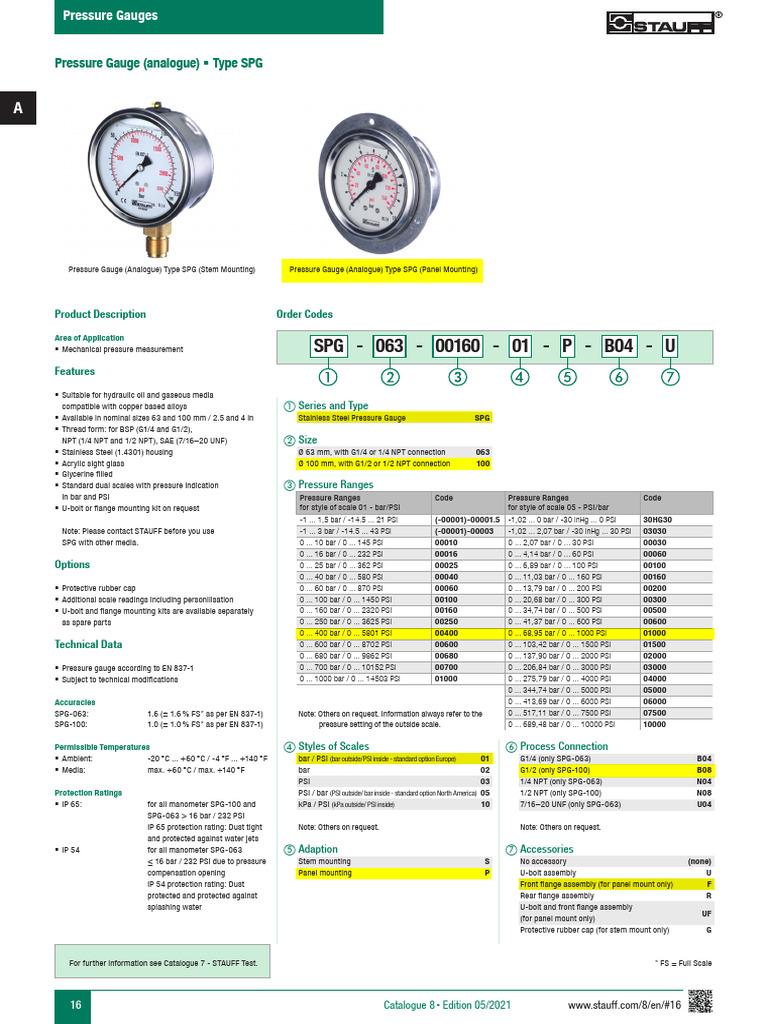 Stainless Steel Pressure Gauge SPG | PDF | Pressure Measurement | Pressure