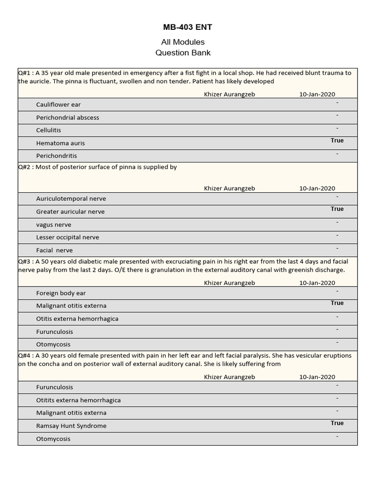 ENT Question Bank for MB-403 Exam | PDF | Snoring | Ear