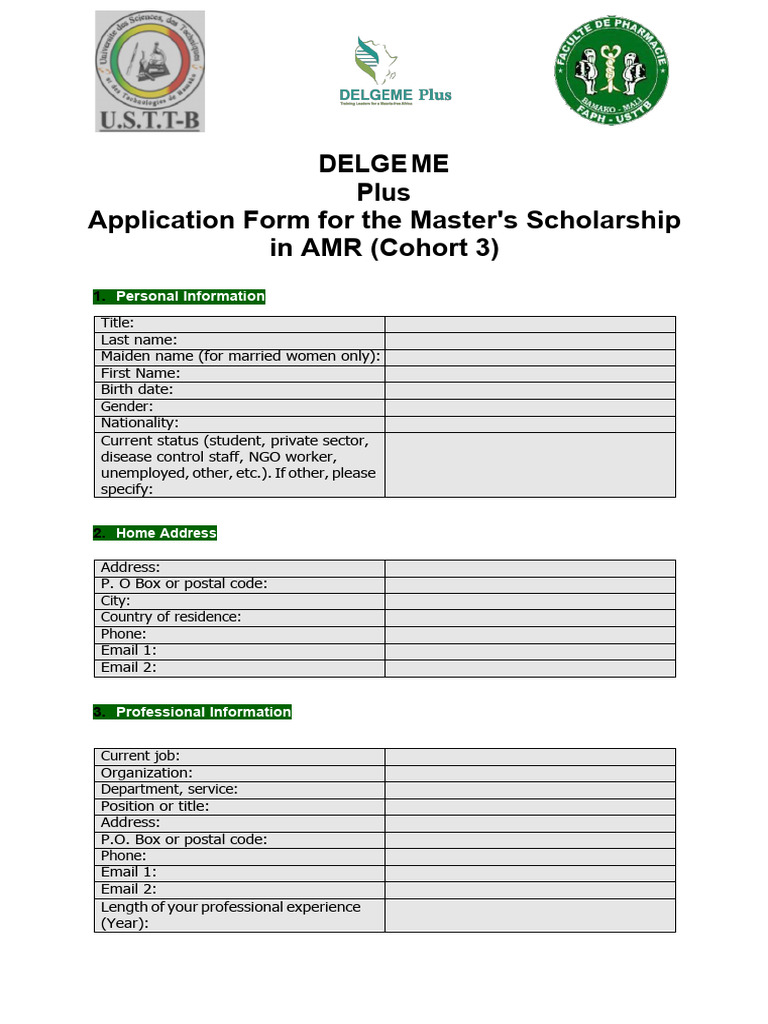 USTTB DELGEME Plus Application Form for MSc in AMR Cohorte 3 | PDF