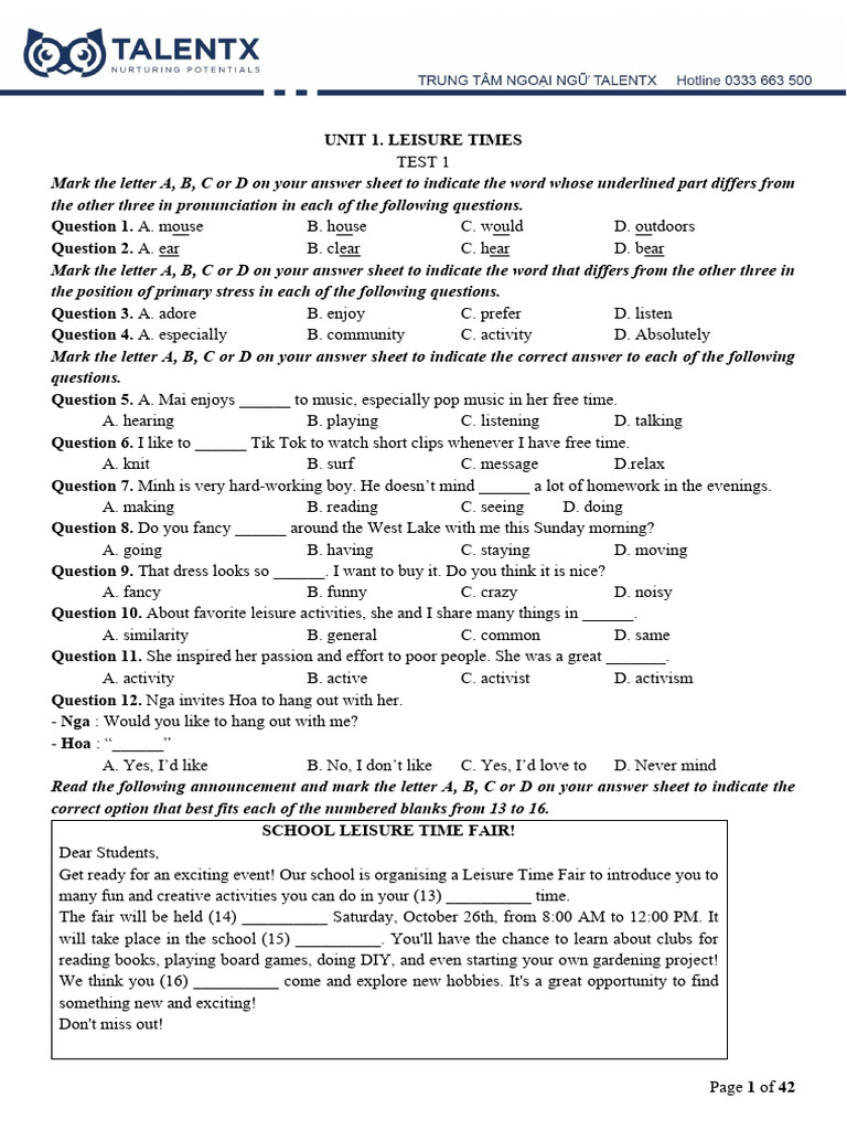 Leisure Activities Test and Fair Guide | PDF | Hobbies | Shower