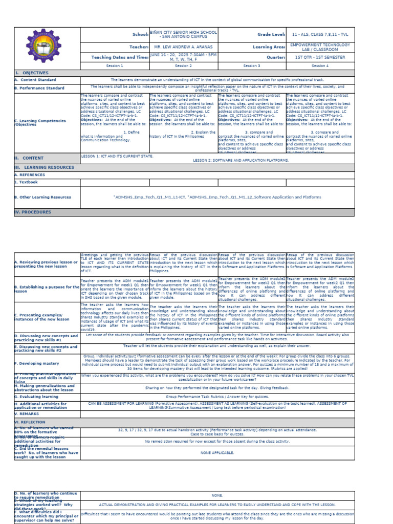 Empowerment Technology Lesson Plan | PDF | Educational Assessment ...