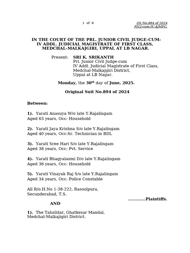 Legal Heir Case Os 894 2024 at Uppal | PDF | Ex Parte | Common Law