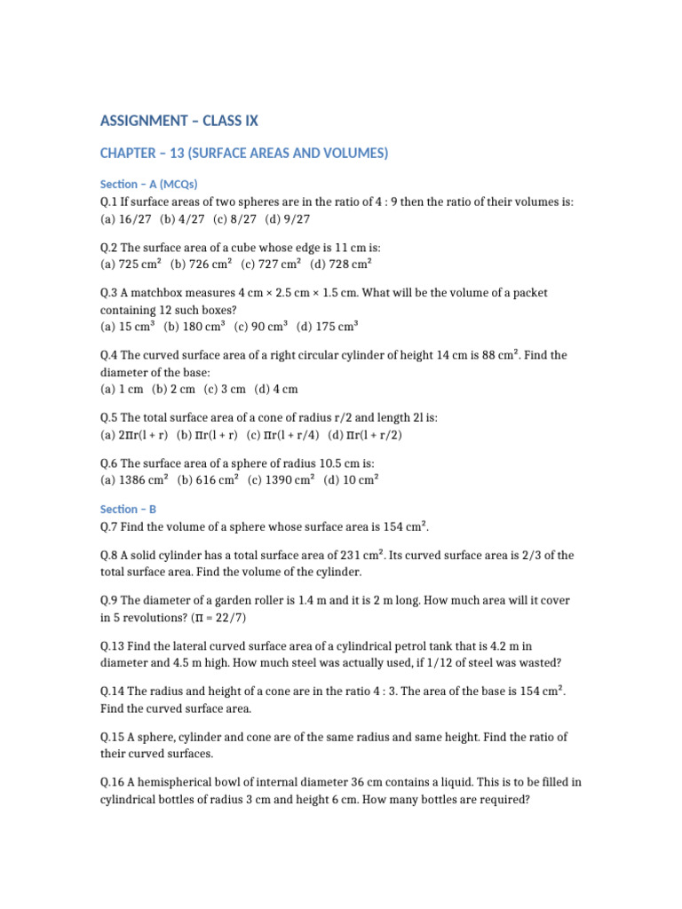 Class IX Surface Areas and Volumes MCQs | PDF | Sphere | Area