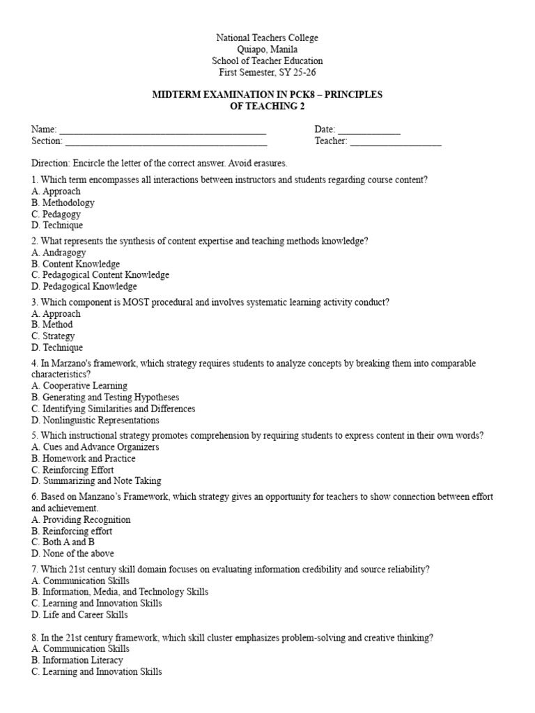 Midterm Exam: Principles of Teaching 2 | PDF | Learning | Pedagogy