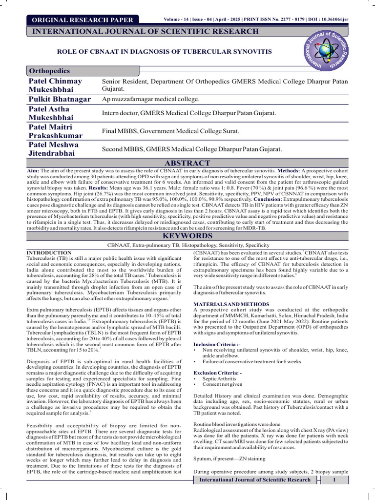 CBNAAT's Role in Tubercular Synovitis Diagnosis | PDF | Tuberculosis ...