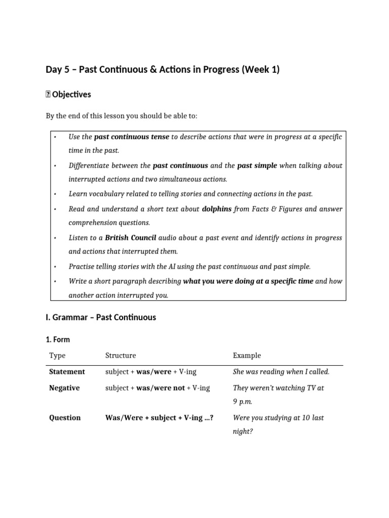 Past Continuous Tense Lesson Plan | PDF | Dolphin | Grammar