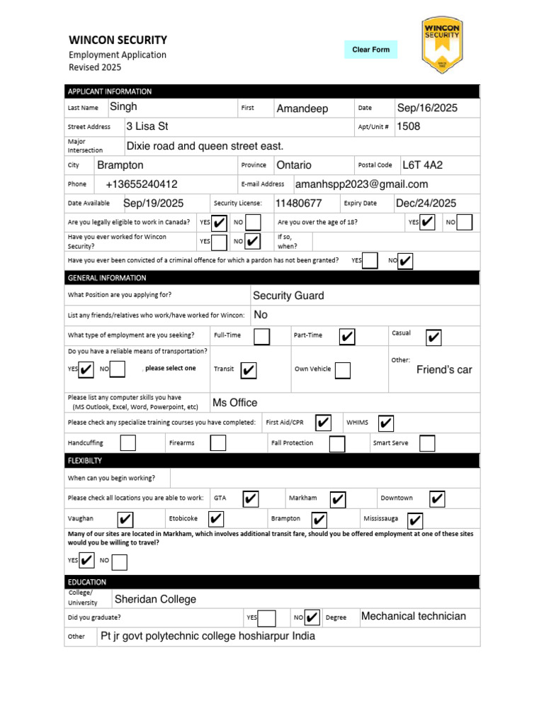 Wincon Security Employment Application | PDF
