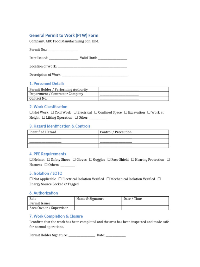 General Permit to Work Form Template | PDF