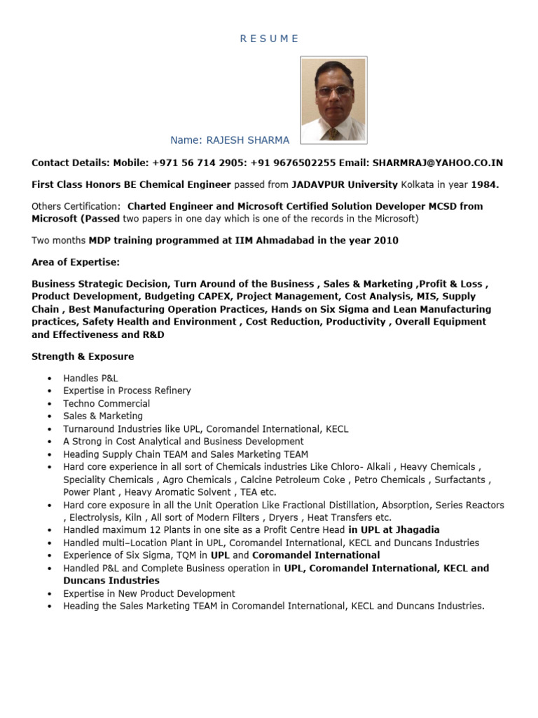 Chemical Engineering Executive Resume | PDF | Chemical Industry | Oil ...