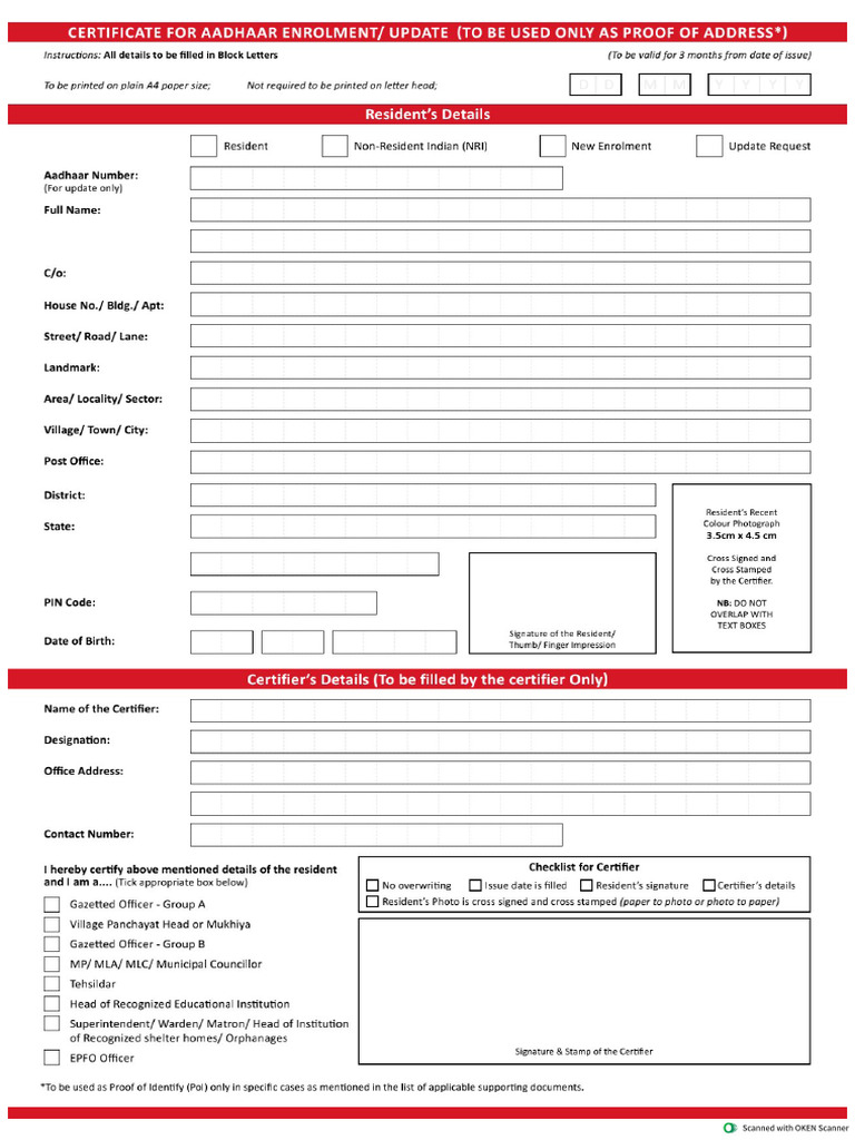 Filled Aadhaar Address Certificate | PDF