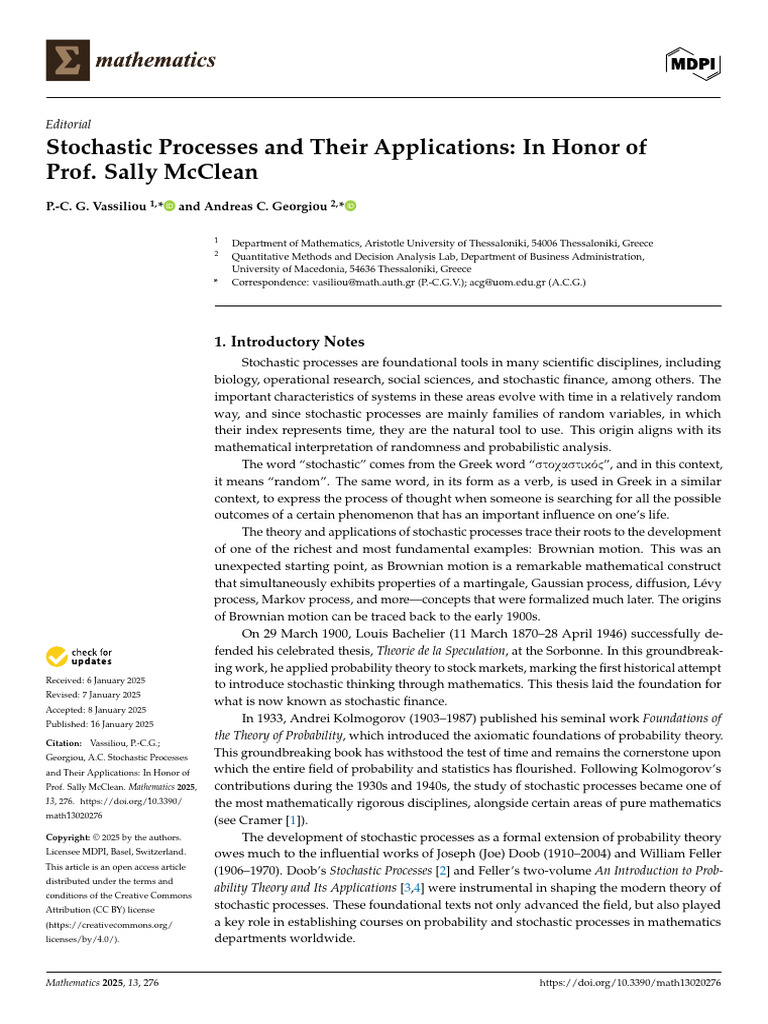Stochastic Processes in Honor of Prof. McClean | PDF | Stochastic ...