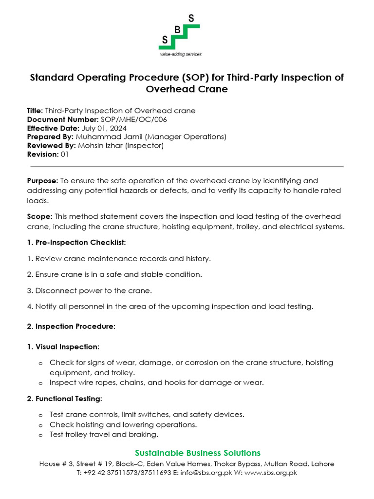 SOPs For Overhead Crane Inspection | PDF | Crane (Machine ...