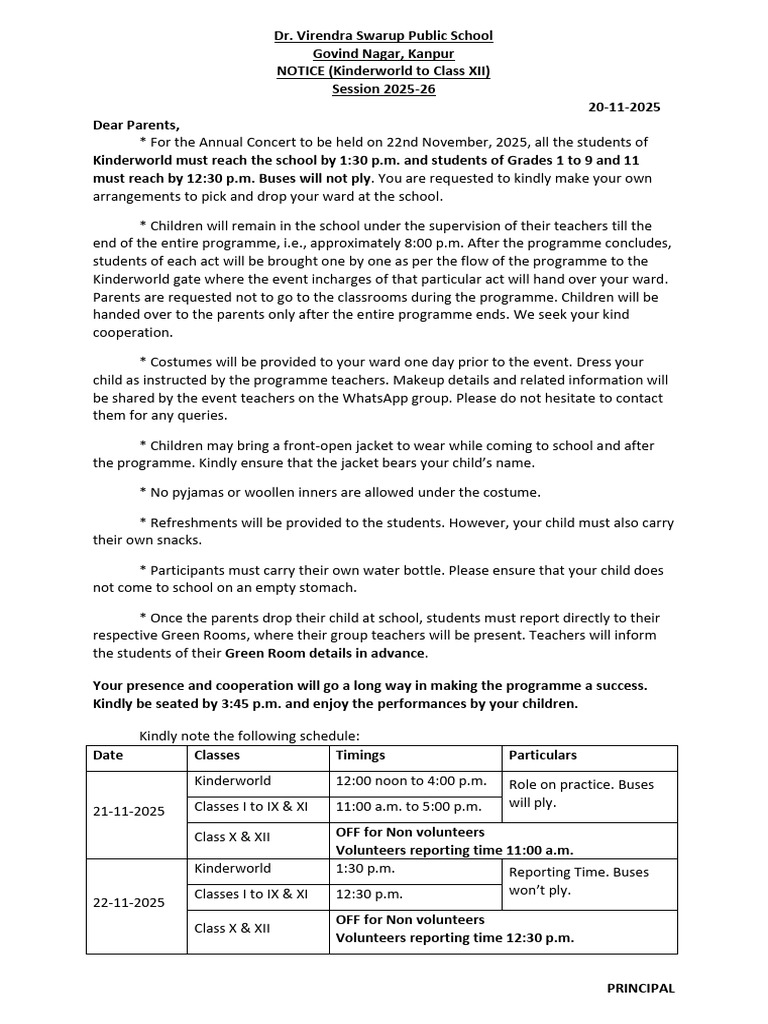 Annual Concert Notice for Parents 2025 | PDF