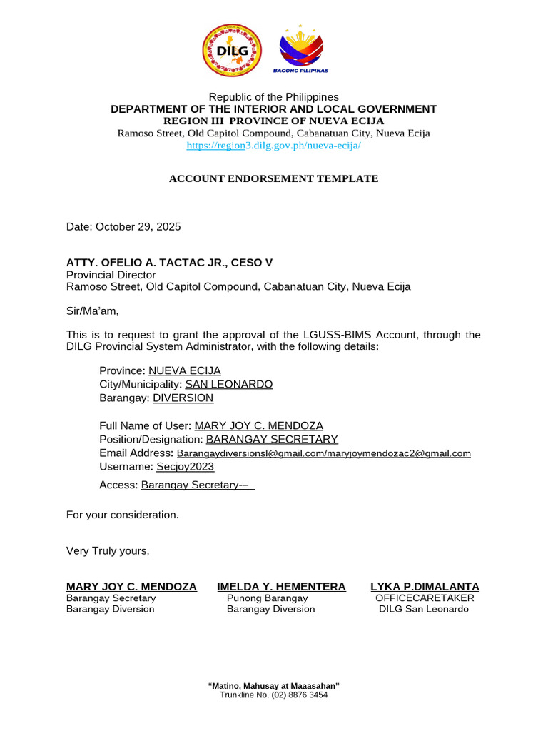 Nueva Ecija LGUSS-BIMS Account Request | PDF