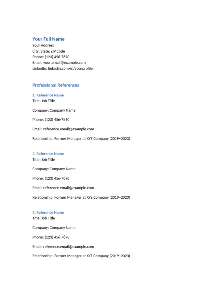Professional References Template | PDF