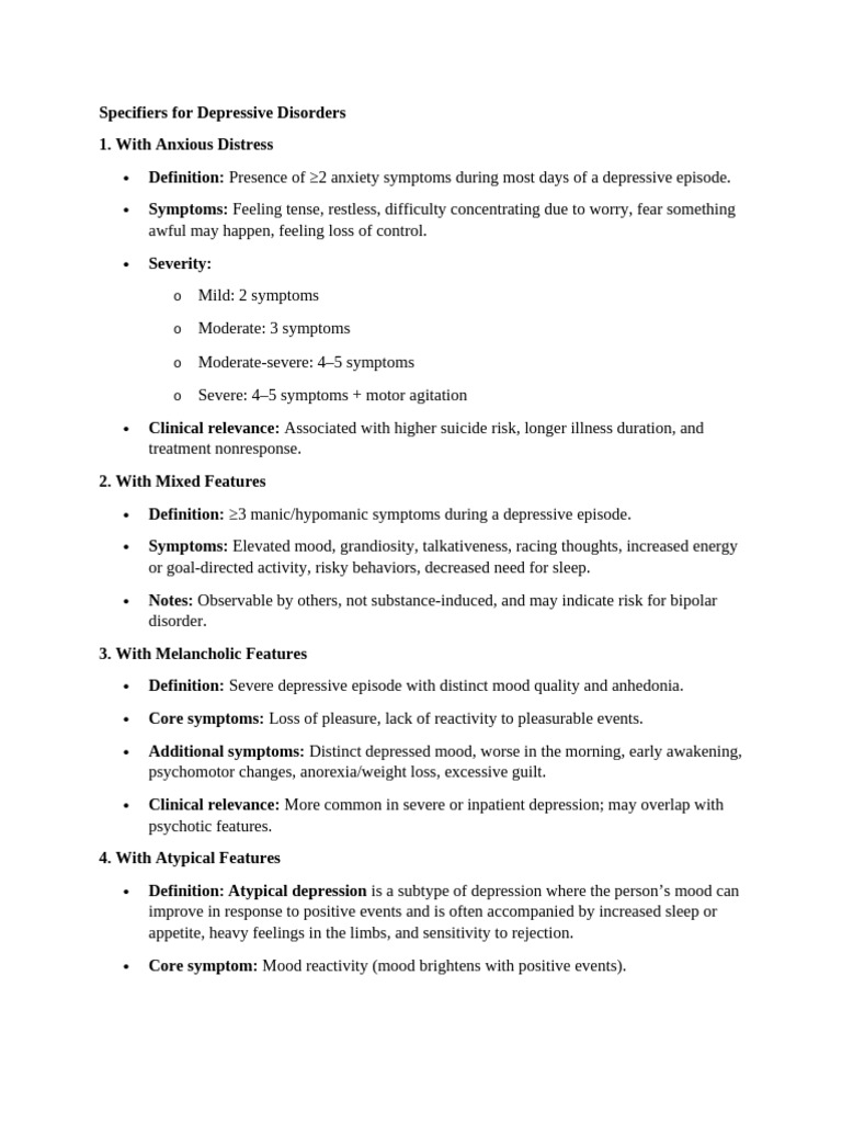 Depressive Disorder Specifiers Explained | PDF | Major Depressive ...