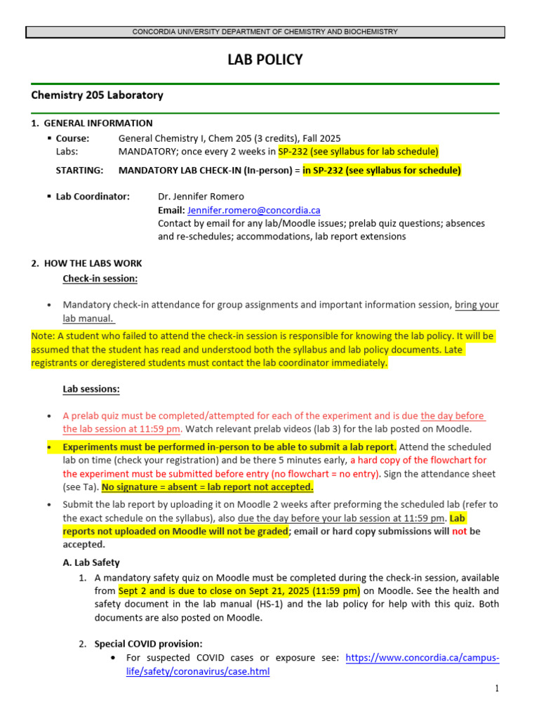Chemistry 205 Lab Policy Overview | PDF