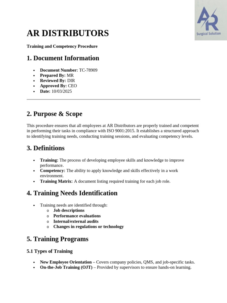 AR Distributors Training Procedure | PDF | Evaluation | Quality ...