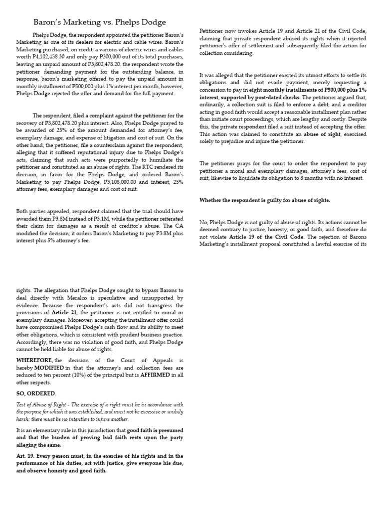 Baron's Marketing vs. Phelps Dodge | PDF | Lawsuit | Damages