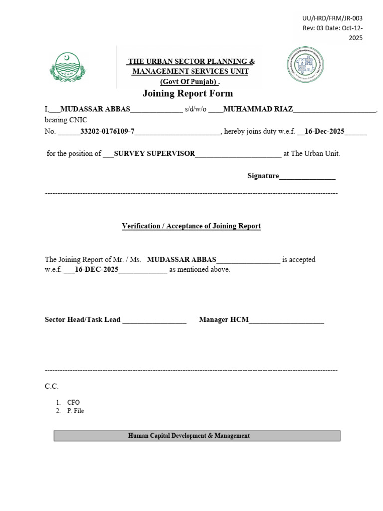Joining Report for Survey Supervisor | PDF