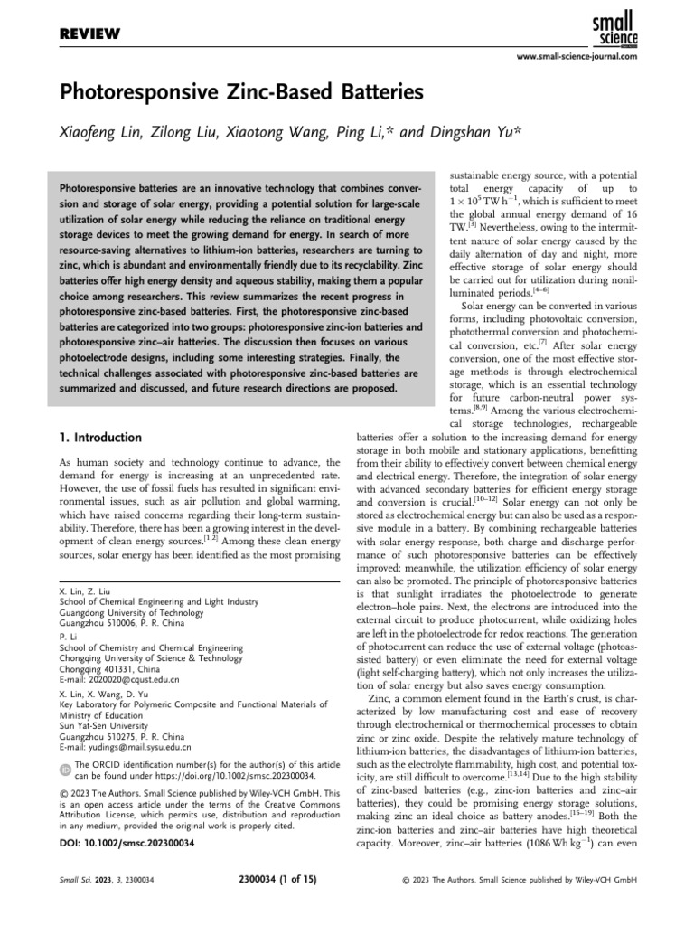 Small Science - 2023 - Lin - Photoresponsive Zinc Based Batteries | PDF ...