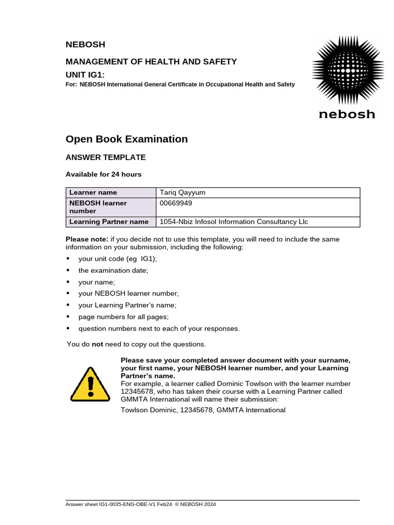 NEBOSH OBE Answer Template Guide | PDF | Occupational Safety And Health ...
