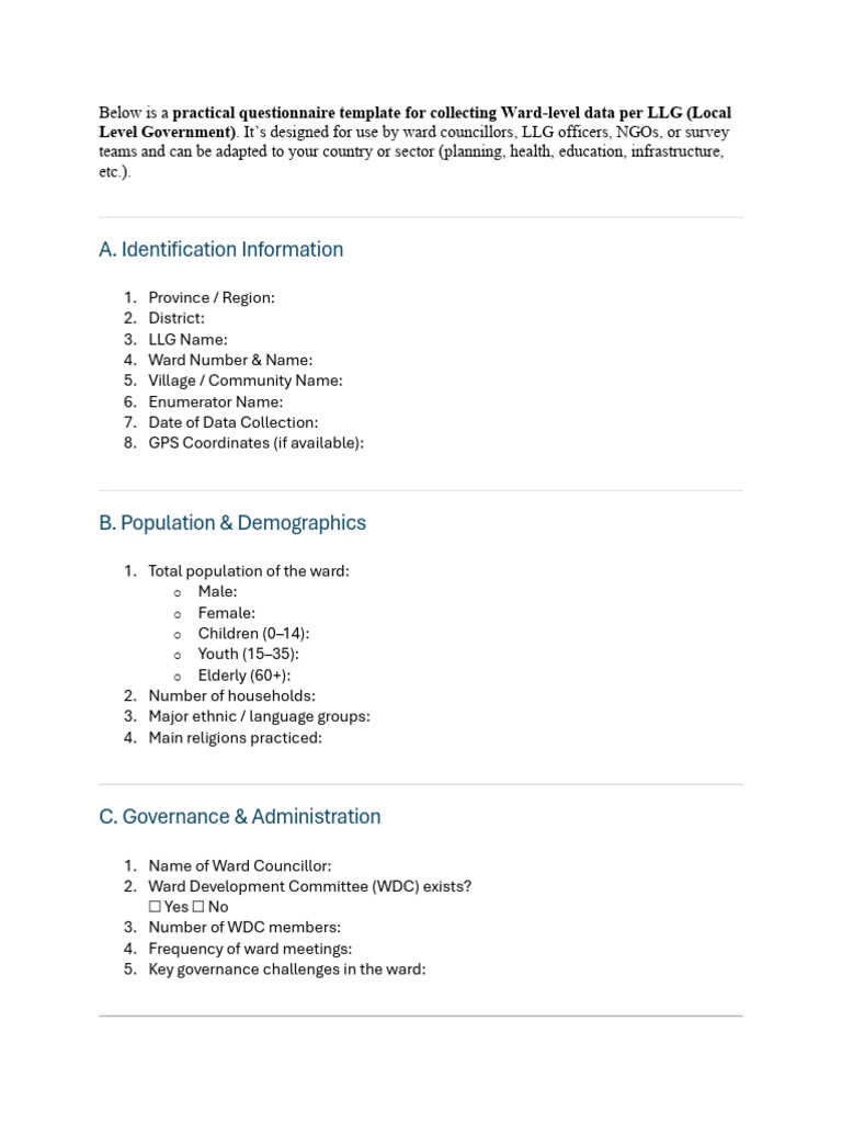 Ward-Level Data Collection Template | PDF | Wash | Natural Environment