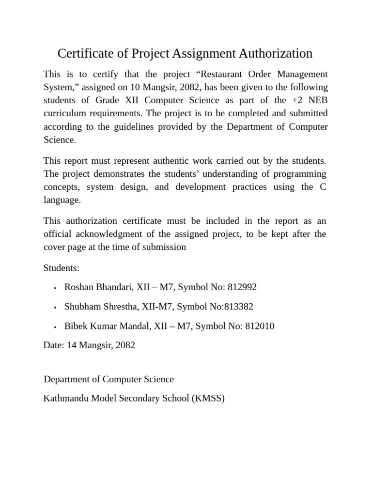 Project Authorization: Restaurant System | PDF